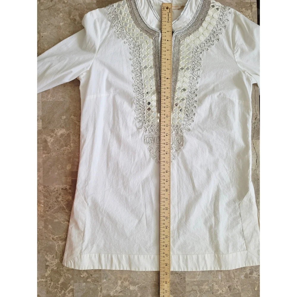 Tory Burch Ivory Cotton Mirror Embroidered Tunic Top Silver Metallic Womens 8